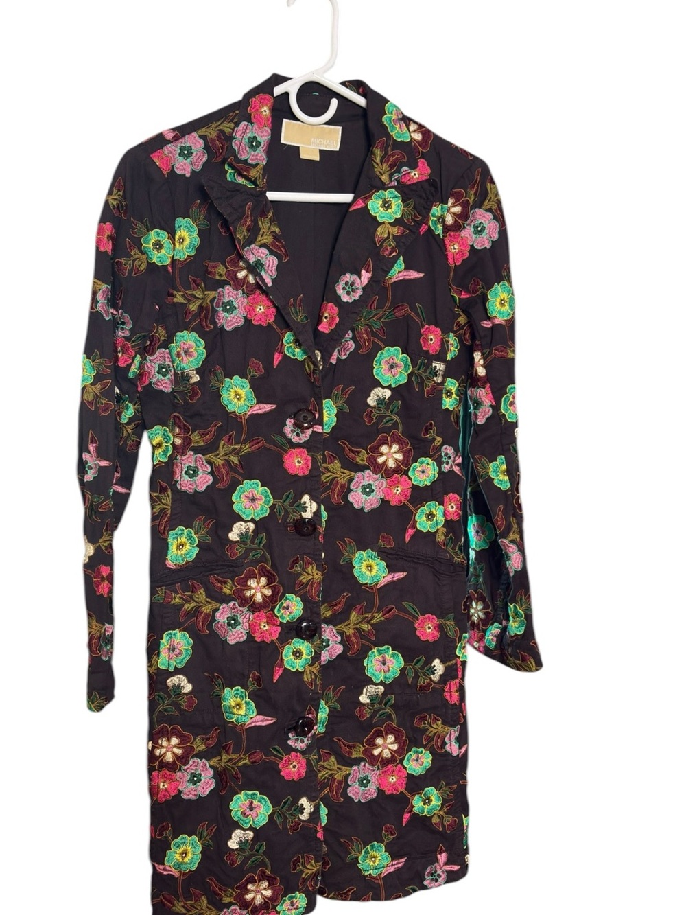 Michaels Kors Fall Black Floral Embroidered Long Four Button Blazer Jacket sz L